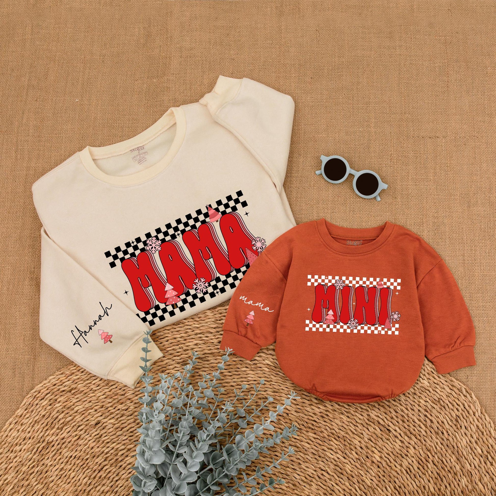 Matching Checkered Christmas Sweatshirts for Mom and Mini Family