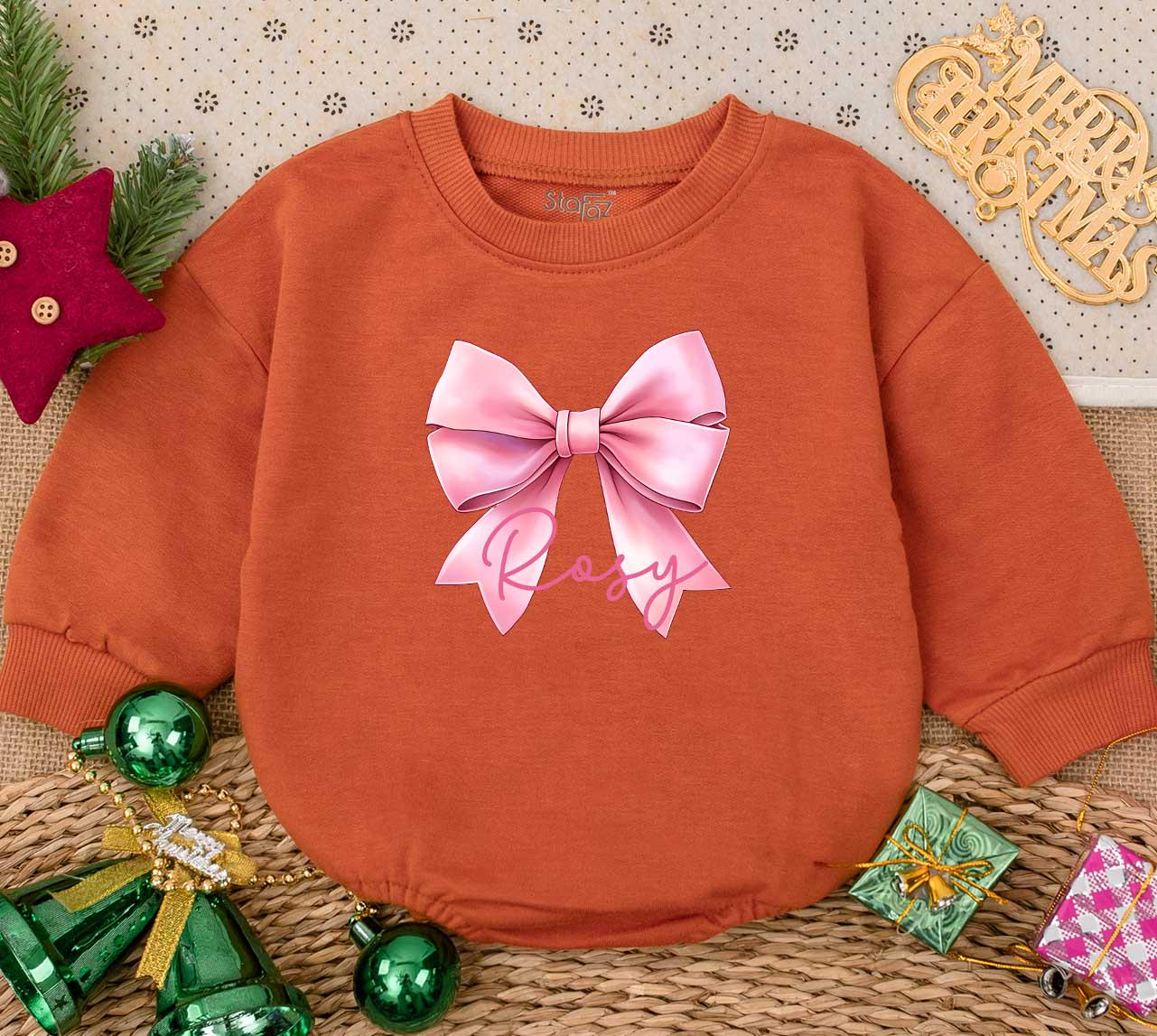 Personalized Rosy Bow Baby Romper - Custom Name Pink Outfit, Cute Girly Clothes, Newborn Girl Gift, Soft Cotton Bodysuit, Holiday Baby Shower Keepsake (139)
