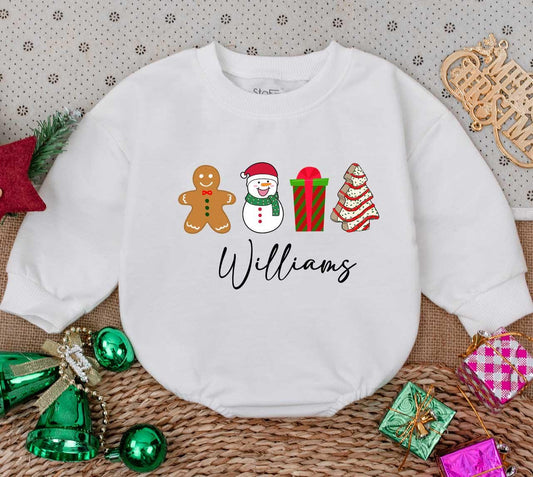 Personalized Baby's First Christmas Romper, Cute Gingerbread Man & Snowman Outfit with Custom Name, Festive Holiday Baby Shower Gift Sweater Romper (Williams)