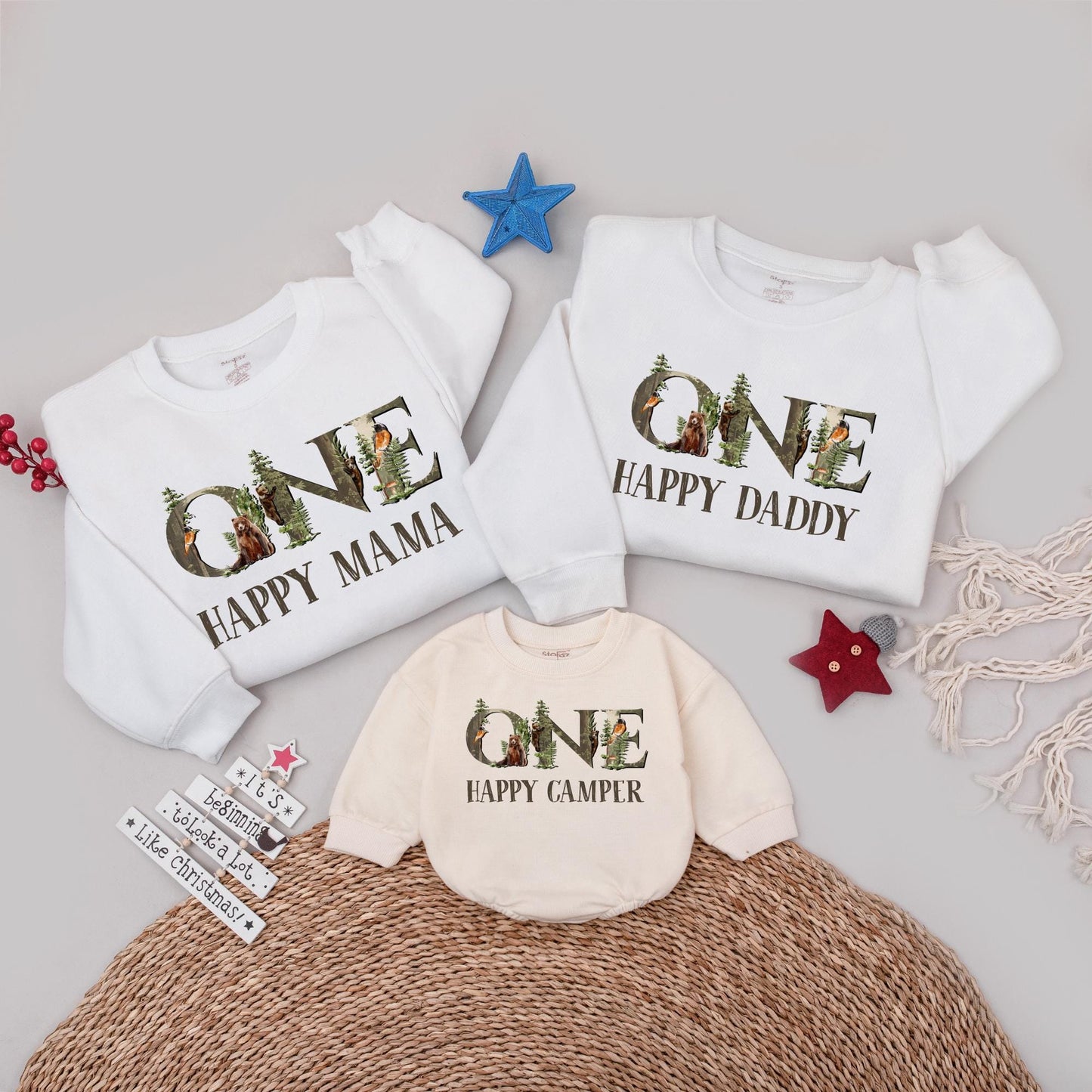 One Happy Camper First Birthday Shirt Matching Family Tees Rustic Woodland 1st Birthday Outfit for Boy or Girl, Camp Party Clothes, Soft Cotton (139)