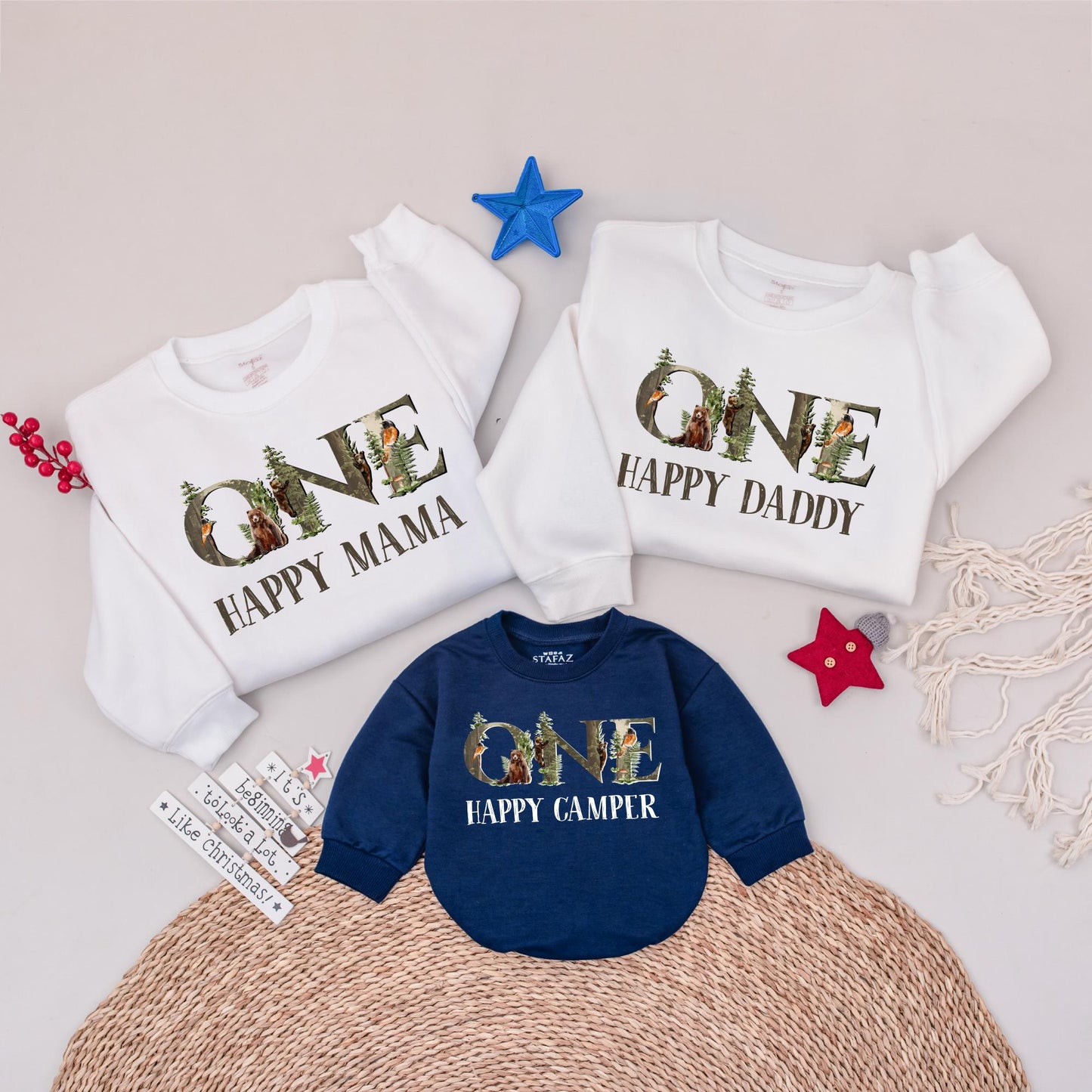 One Happy Camper First Birthday Shirt Matching Family Tees Rustic Woodland 1st Birthday Outfit for Boy or Girl, Camp Party Clothes, Soft Cotton (139)
