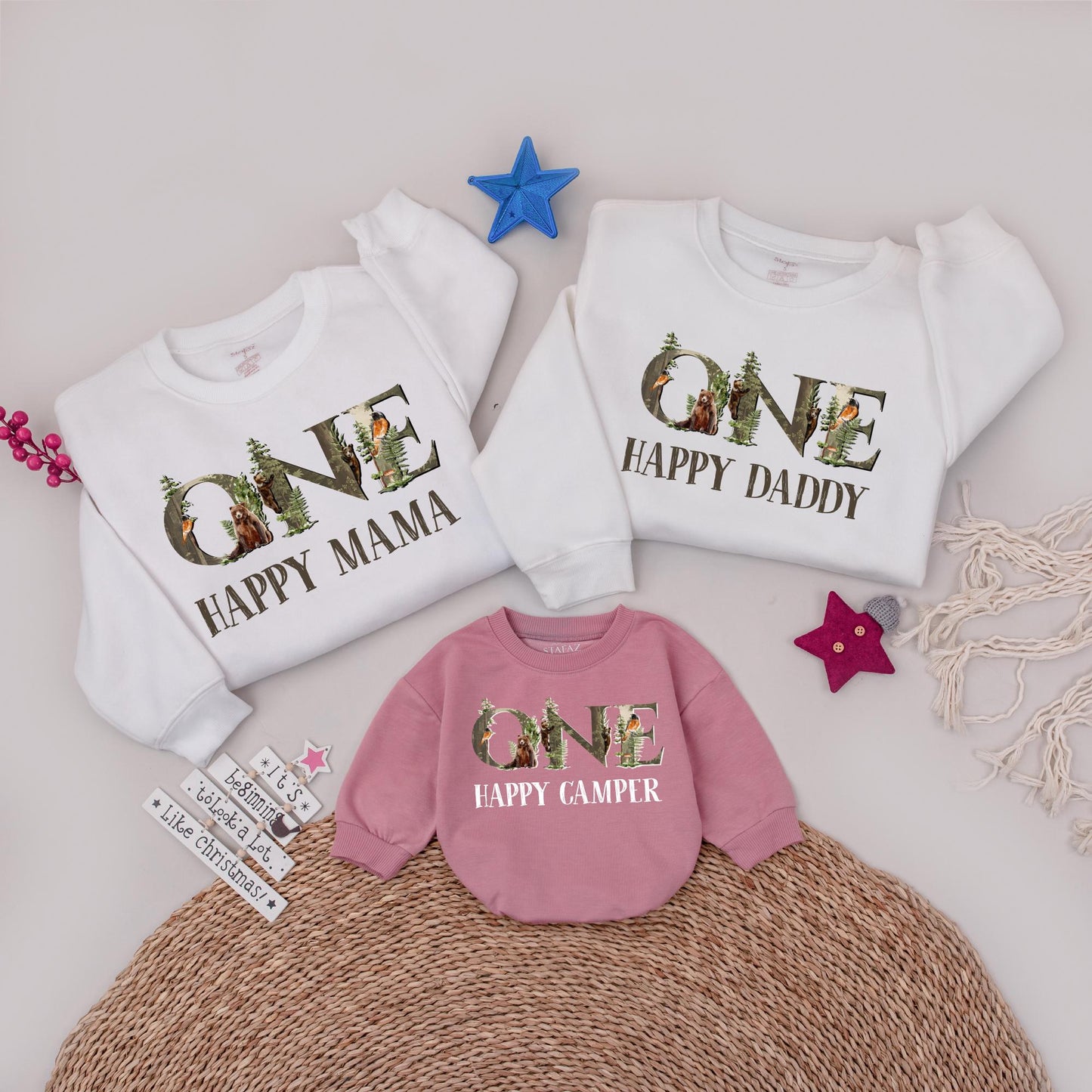 One Happy Camper First Birthday Shirt Matching Family Tees Rustic Woodland 1st Birthday Outfit for Boy or Girl, Camp Party Clothes, Soft Cotton (139)