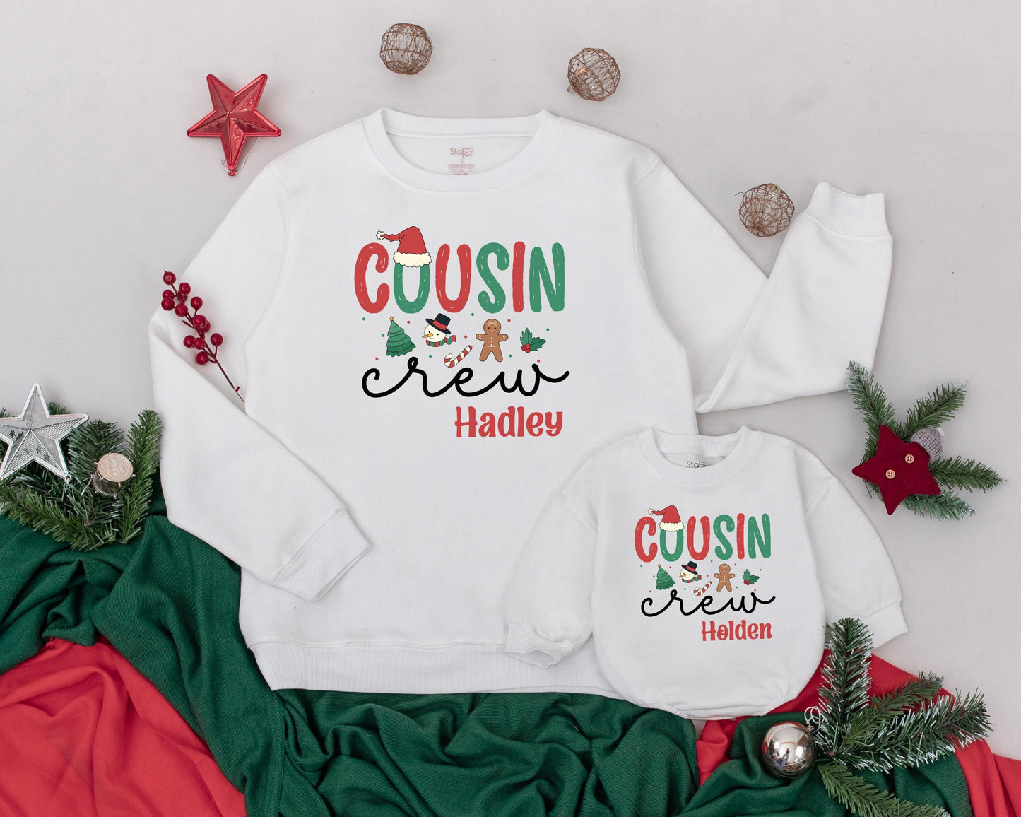 Personalized Cousin Crew Christmas Sweatshirt, Retro Holiday Matching Family Sweaters, Custom Names Hadley & Holden, Festive Xmas Outfits, Soft Cotton