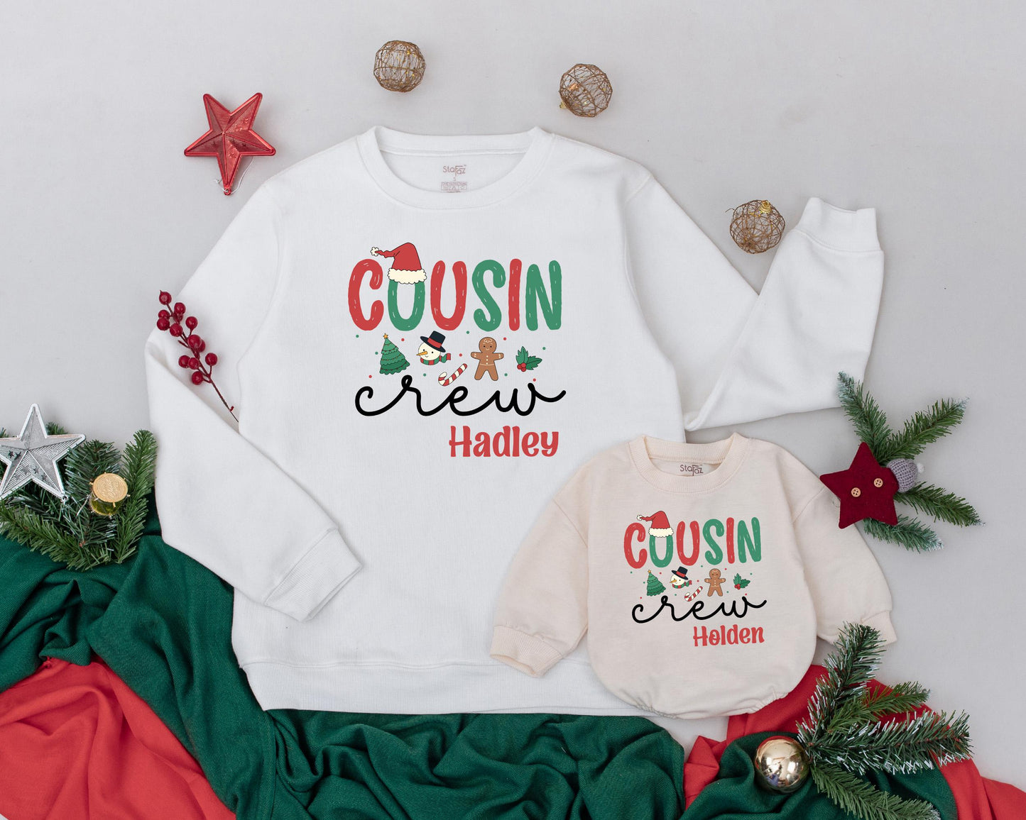 Personalized Cousin Crew Christmas Sweatshirt, Retro Holiday Matching Family Sweaters, Custom Names Hadley & Holden, Festive Xmas Outfits, Soft Cotton