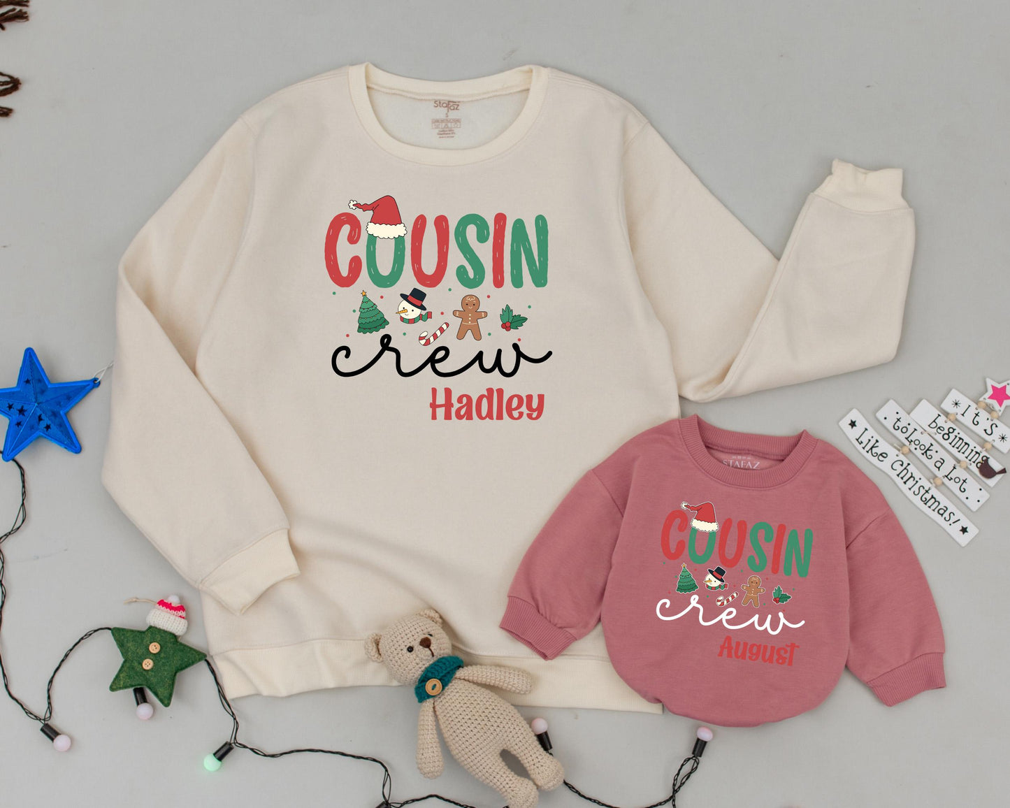 Personalized Cousin Crew Christmas Sweatshirt, Retro Holiday Matching Family Sweaters, Custom Names Hadley & Holden, Festive Xmas Outfits, Soft Cotton