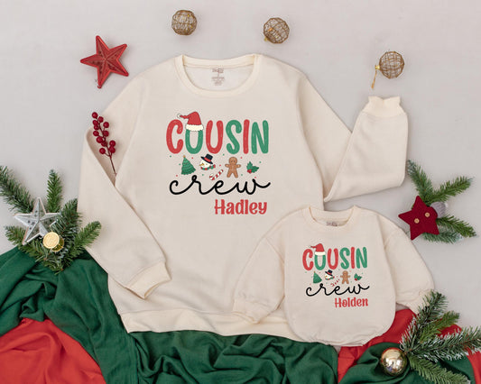 Personalized Cousin Crew Christmas Sweatshirt, Retro Holiday Matching Family Sweaters, Custom Names Hadley & Holden, Festive Xmas Outfits, Soft Cotton