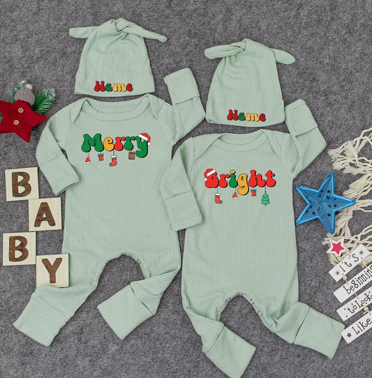 Merry and Bright First Christmas Custom Name Baby Bodysuit, Cute Infant Romper, Funny Outfit, New Mom Gift, Twin Option, Festive Holiday Clothes 138