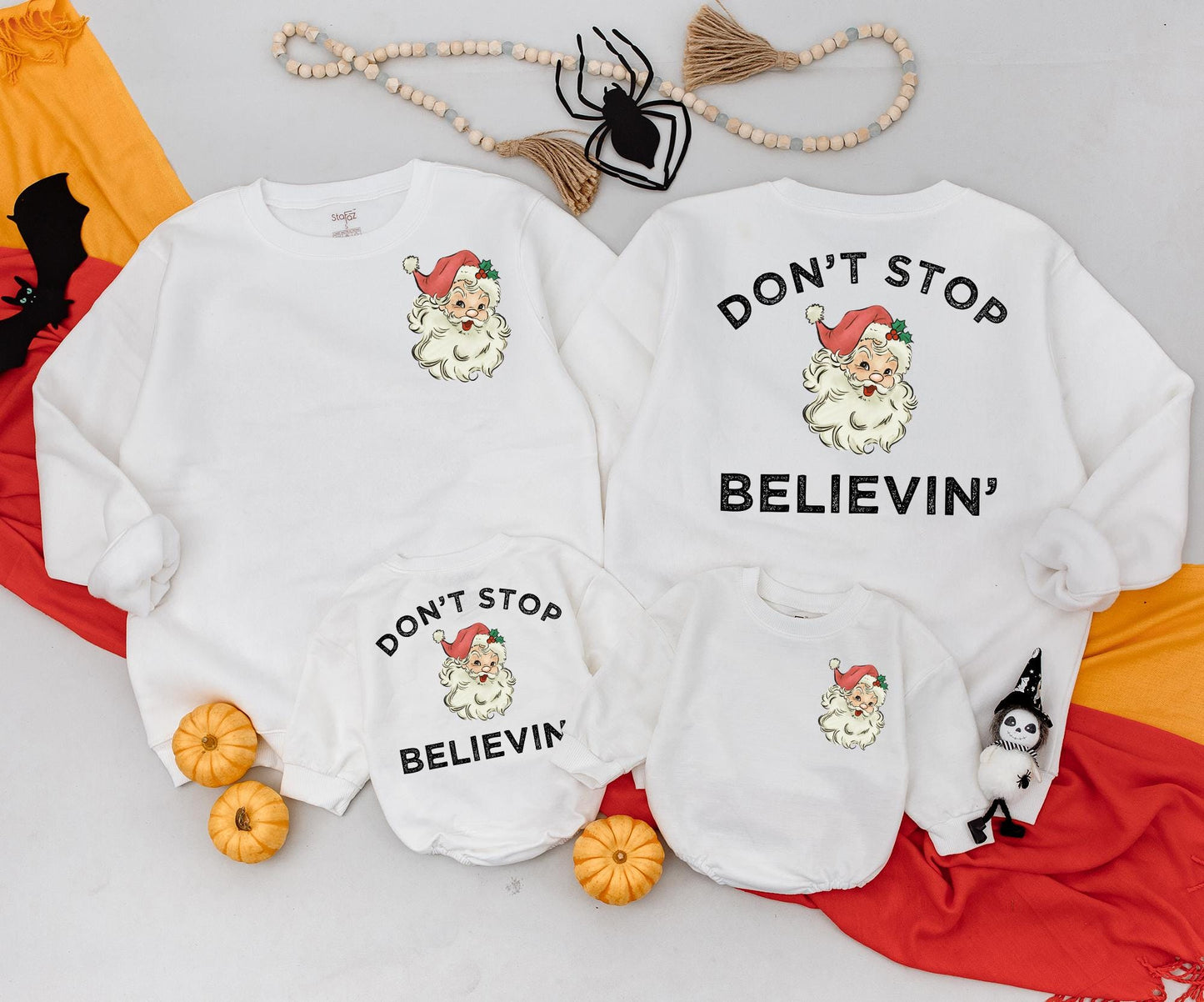 Retro Santa 'Don't Stop Believin' Sweatshirt: Vintage Christmas Sweater for Women, Men, Kids, and Newborns—Nostalgic Xmas Family Matching Outfit Idea, Cute Coquette