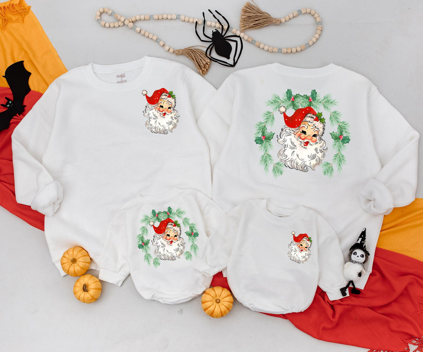 Vintage Santa Claus Christmas Sweatshirt Women's or Kid's Red Green Holly Wreath Retro Xmas Outfit Festive Holiday Newborn Romper Clothing (138 chars)