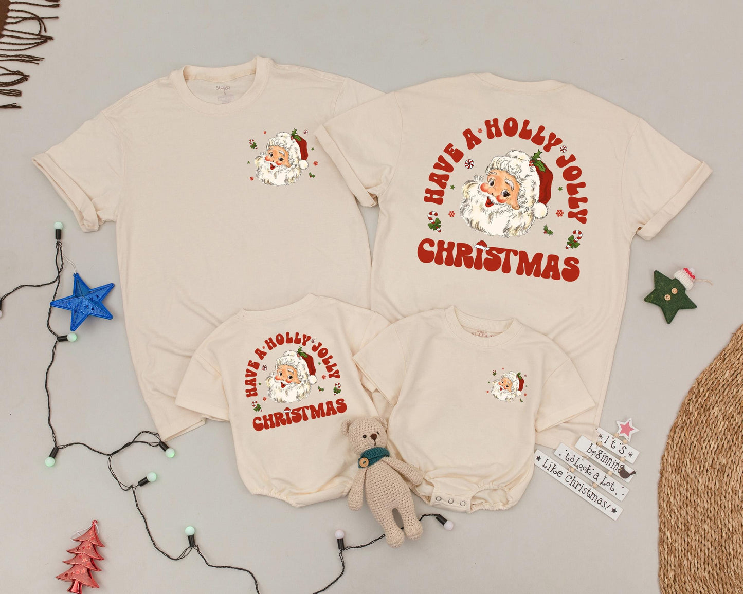 Retro Santa Matching Family Christmas Shirts, Have A Holly Jolly Holiday Outfit, Vintage Xmas Tee, Newborn Romper, Mom and Baby Matching Set (2-Sided)