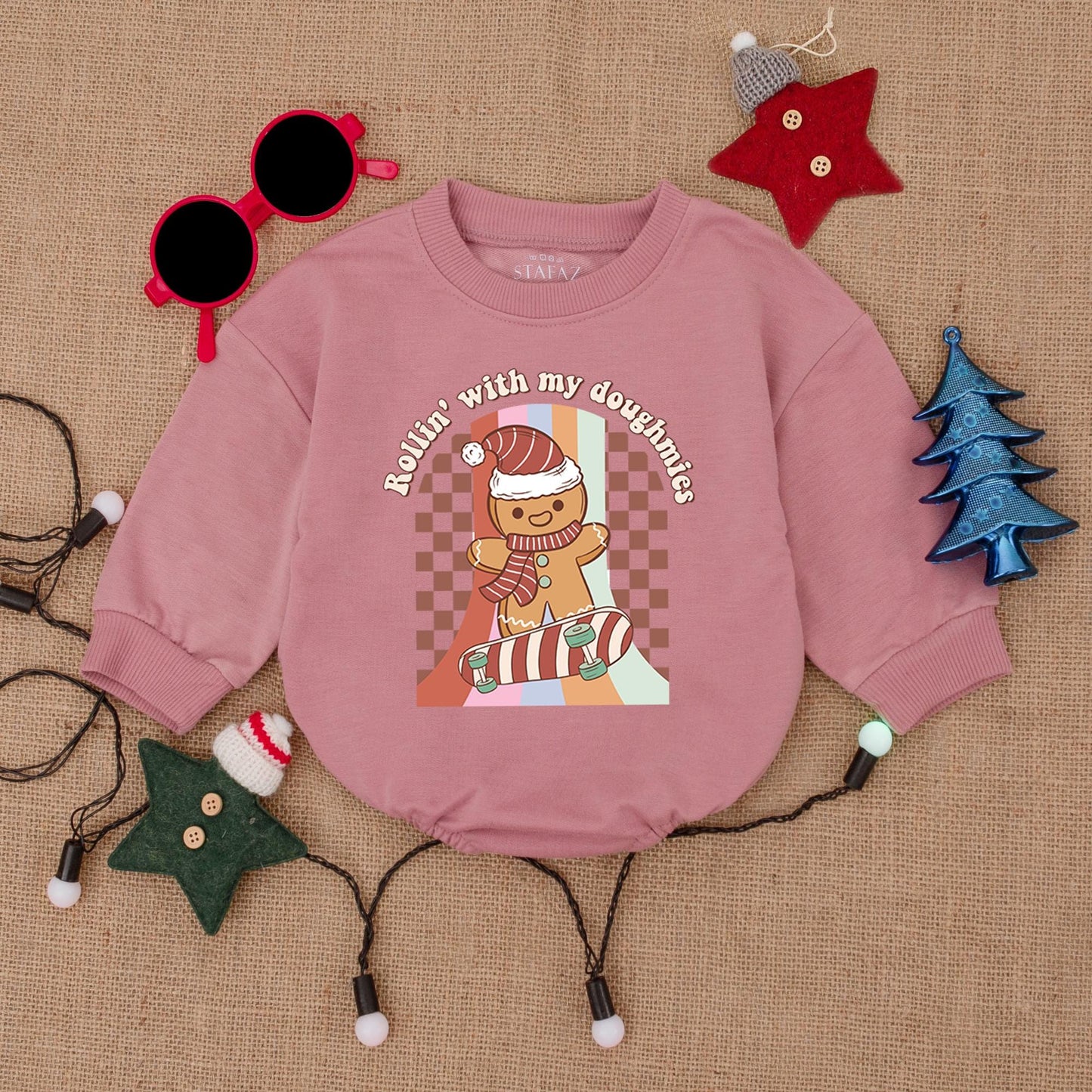 Gingerbread Skateboarding Christmas Romper "Rollin' with my Doughmies" Baby Outfit, Vintage Style, Red Green & White, Cute Holiday Clothes, Boy Gift 139