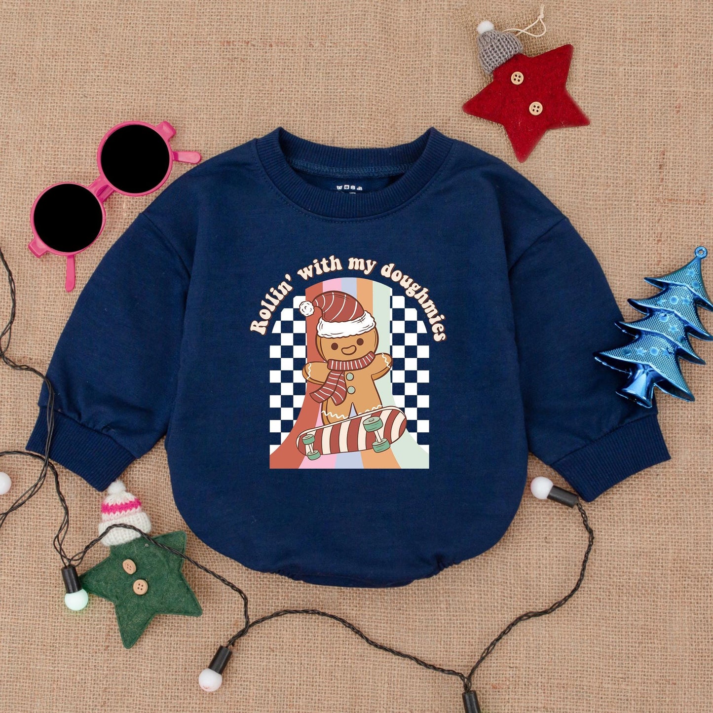 Gingerbread Skateboarding Christmas Romper "Rollin' with my Doughmies" Baby Outfit, Vintage Style, Red Green & White, Cute Holiday Clothes, Boy Gift 139