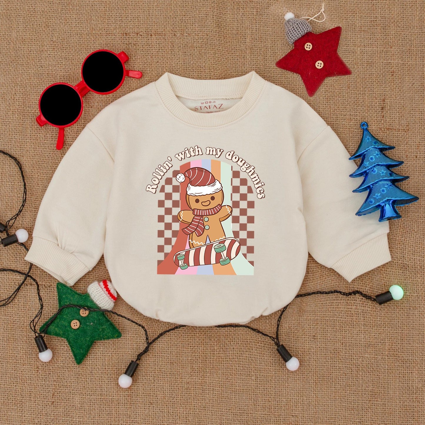 Gingerbread Skateboarding Christmas Romper "Rollin' with my Doughmies" Baby Outfit, Vintage Style, Red Green & White, Cute Holiday Clothes, Boy Gift 139