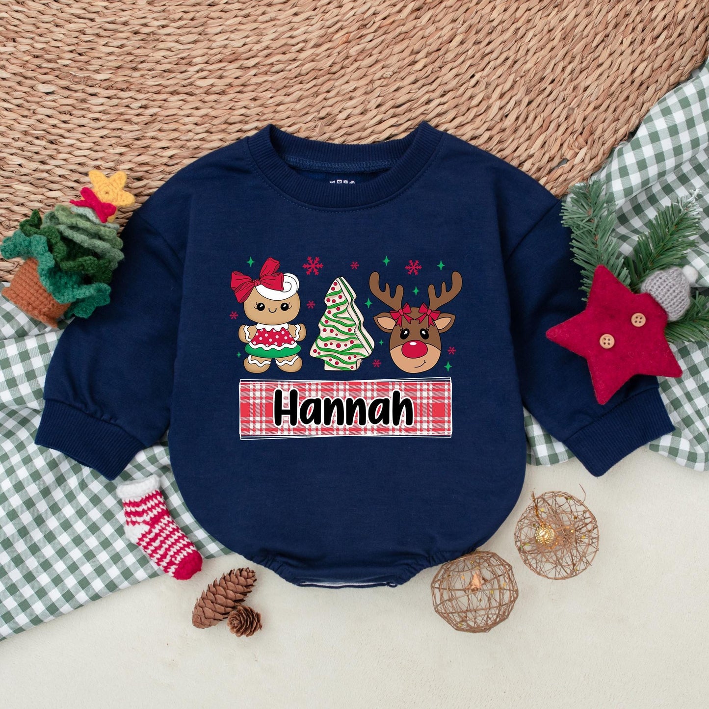 Custom Hannah Christmas Cookie Romper Baby Girl Outfit Reindeer Bow Design Xmas Bodysuit, My First Christmas Gift, Holiday Baby Clothes