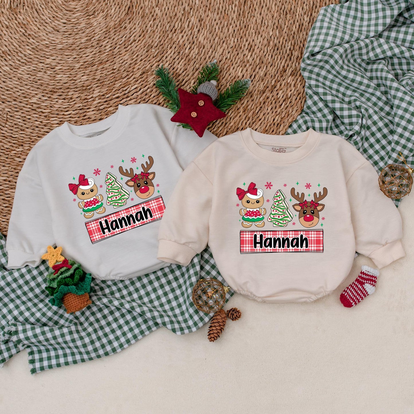 Custom Hannah Christmas Cookie Romper Baby Girl Outfit Reindeer Bow Design Xmas Bodysuit, My First Christmas Gift, Holiday Baby Clothes