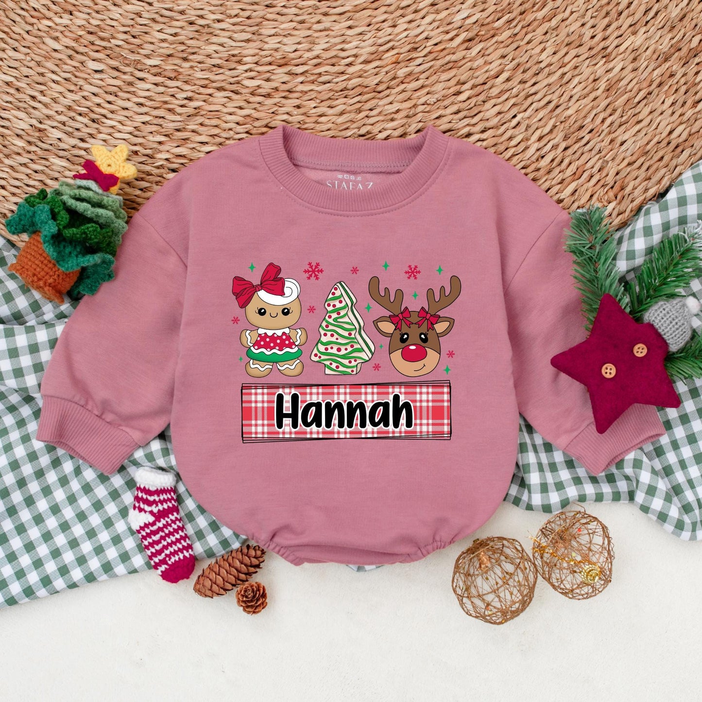 Custom Hannah Christmas Cookie Romper Baby Girl Outfit Reindeer Bow Design Xmas Bodysuit, My First Christmas Gift, Holiday Baby Clothes