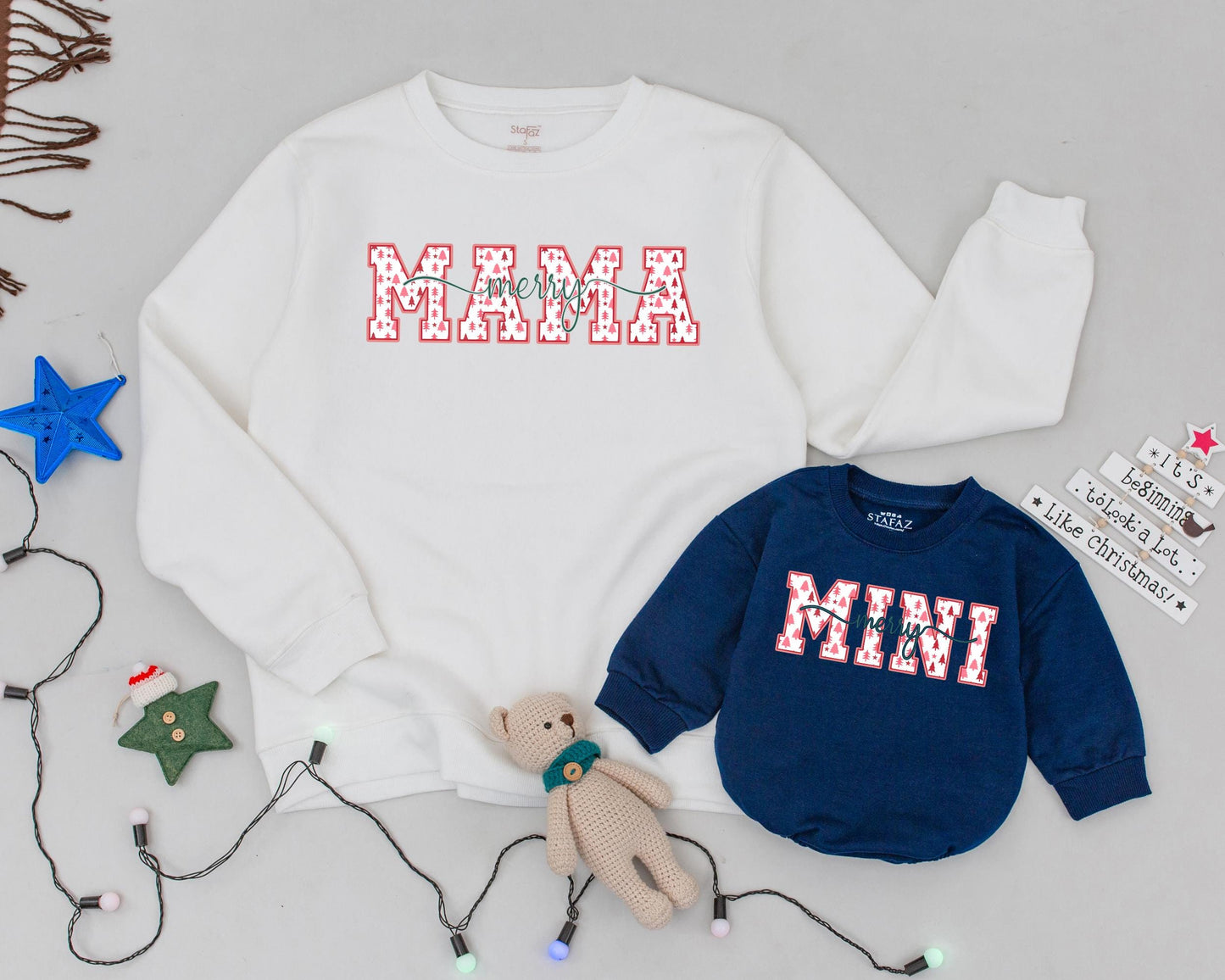 Mama & Mini Christmas Sweatshirt Set Retro Tree Design, Mommy and Me Matching Outfits, Merry Xmas Baby Romper, Holiday Family Photo, Year End Gift