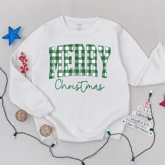Merry Christmas Buffalo Plaid Sweatshirt: Festive Holiday Crewneck Sweater for Women, Cute Xmas Outfit & Winter Gift Idea, Green Cursive Details (138 chars)