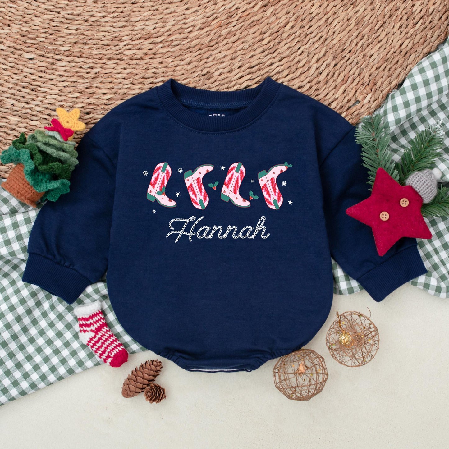 Hannah's Personalized Christmas Cowgirl Boots Romper, Festive Western Baby Bodysuit, Candy Cane Booties, Winter Clothes, Christmas Gift, Girl Outfit 139