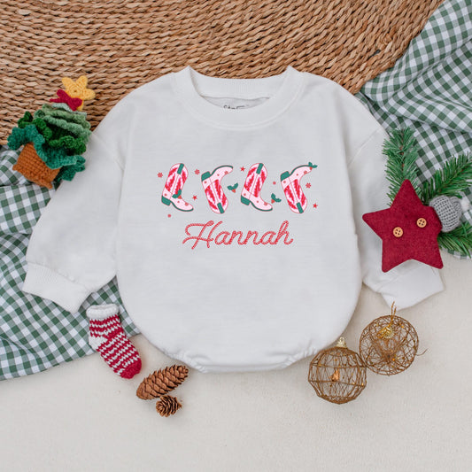 Hannah's Personalized Christmas Cowgirl Boots Romper, Festive Western Baby Bodysuit, Candy Cane Booties, Winter Clothes, Christmas Gift, Girl Outfit 139