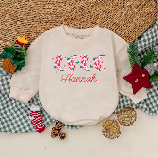 Hannah's Personalized Christmas Cowgirl Boots Romper, Festive Western Baby Bodysuit, Candy Cane Booties, Winter Clothes, Christmas Gift, Girl Outfit 139