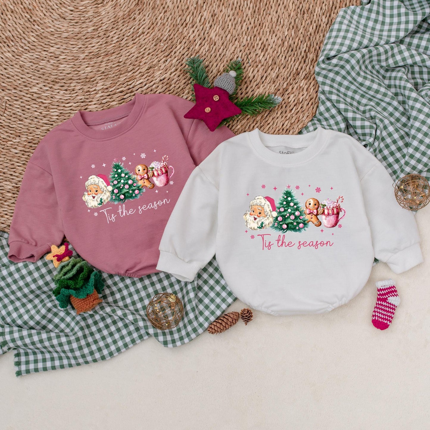 Tis the Season Christmas Romper Outfit Vintage Santa, Tree, & Cocoa Baby Girl Bodysuit Festive Holiday Infant Clothes Comfortable Christmas Gifts 138