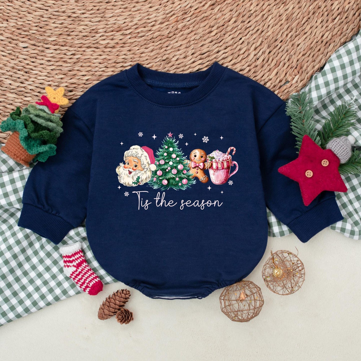Tis the Season Christmas Romper Outfit Vintage Santa, Tree, & Cocoa Baby Girl Bodysuit Festive Holiday Infant Clothes Comfortable Christmas Gifts 138