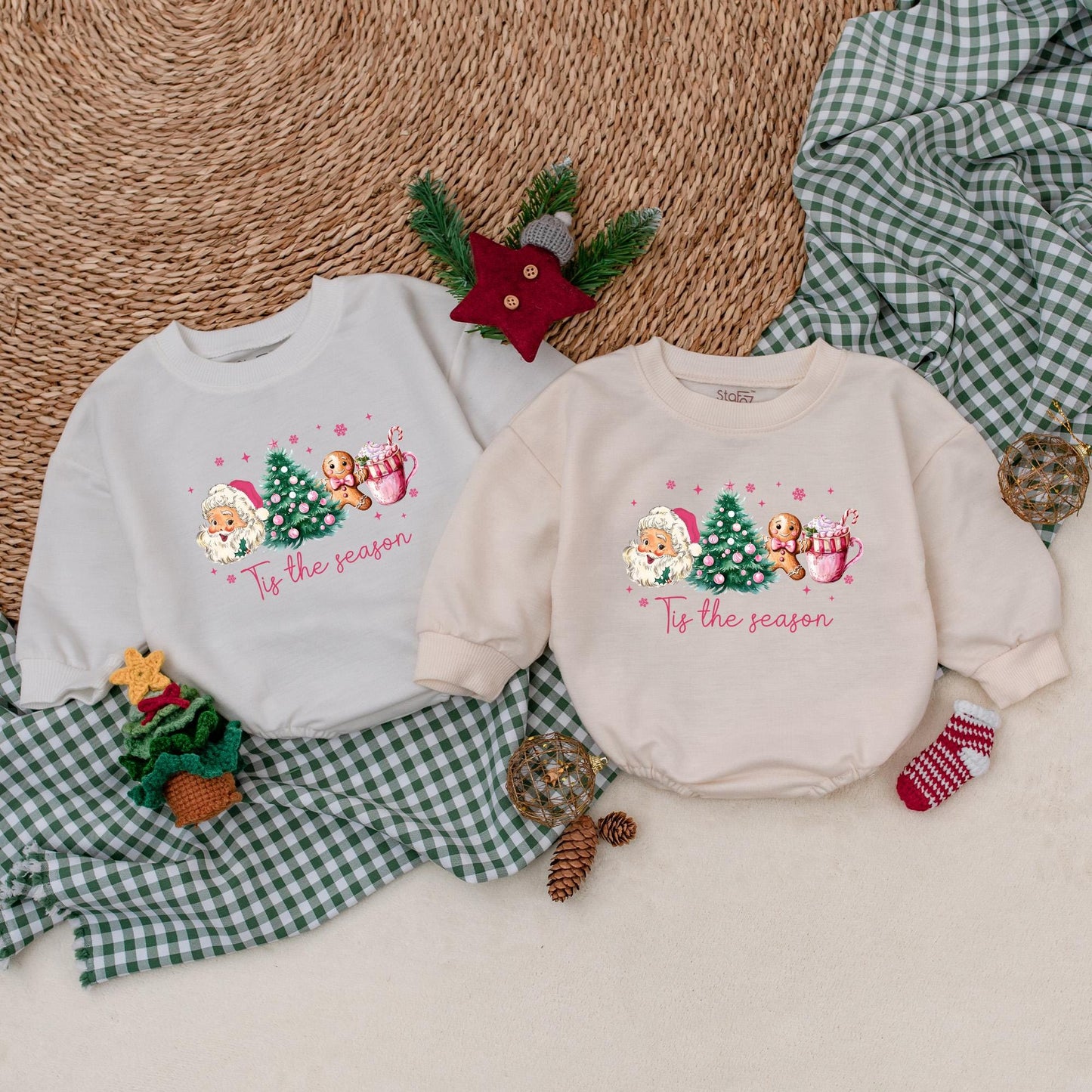 Tis the Season Christmas Romper Outfit Vintage Santa, Tree, & Cocoa Baby Girl Bodysuit Festive Holiday Infant Clothes Comfortable Christmas Gifts 138