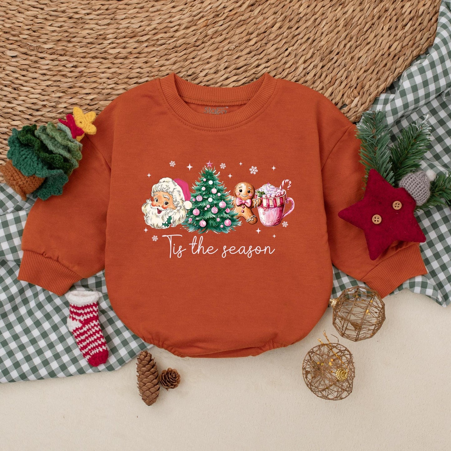 Tis the Season Christmas Romper Outfit Vintage Santa, Tree, & Cocoa Baby Girl Bodysuit Festive Holiday Infant Clothes Comfortable Christmas Gifts 138