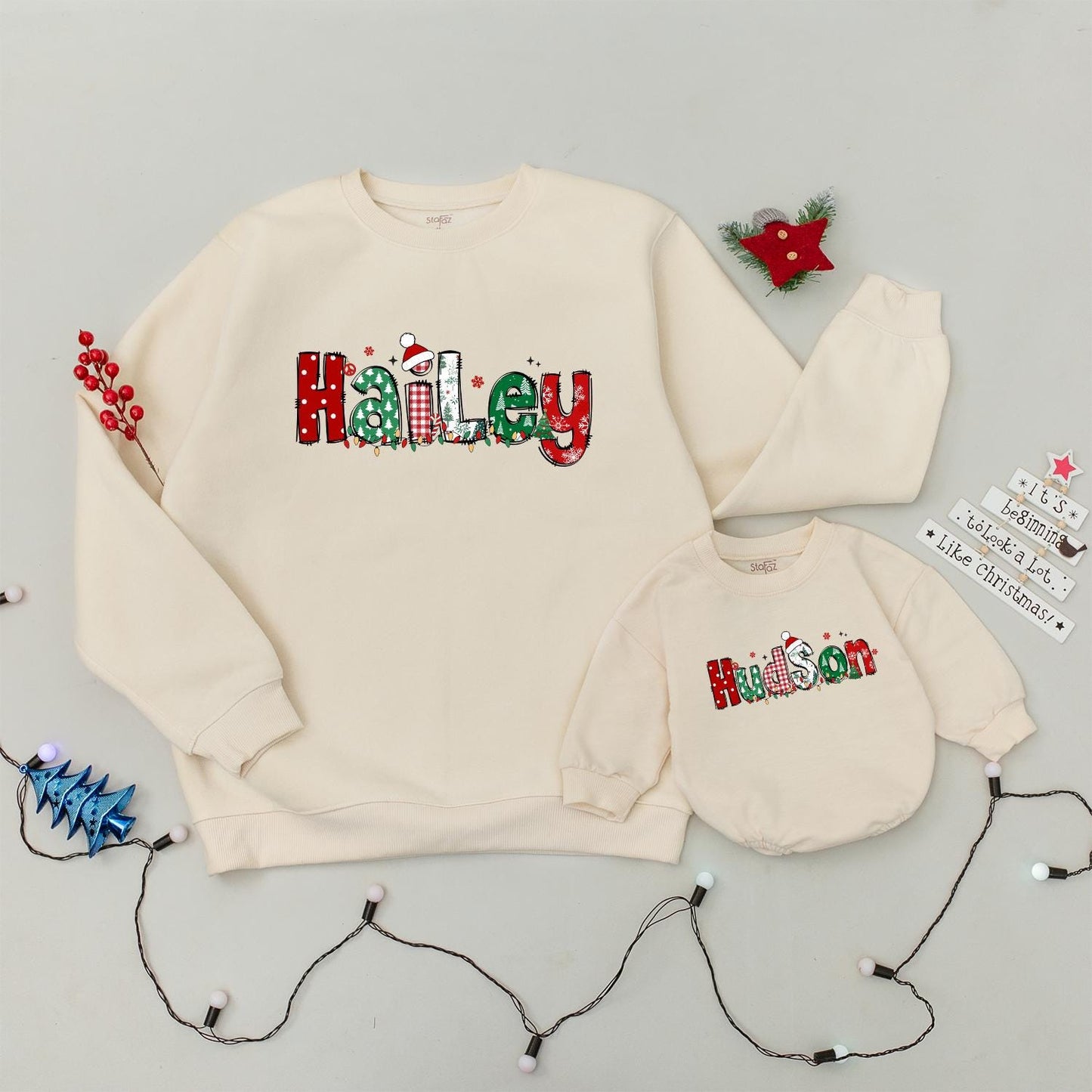 Matching Family Christmas Sweatshirts: Personalized Hudson and Hailey Holiday Sweaters, Cute Festive Names, Toddler Baby Custom Christmas Gift for Crew