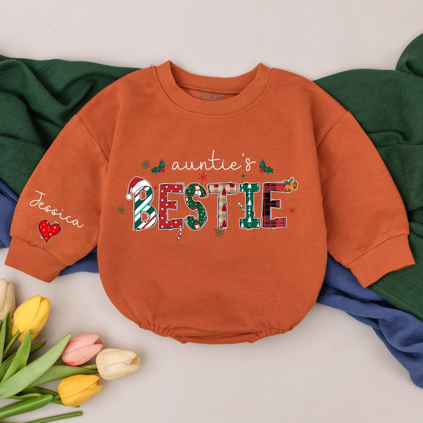 Personalized Auntie's Bestie 1st Christmas Romper, Jessica's Sleeve, Retro Holiday Outfit, Newborn Bubble Romper, Unique Aunt Gift, Baby Girl Boy 139
