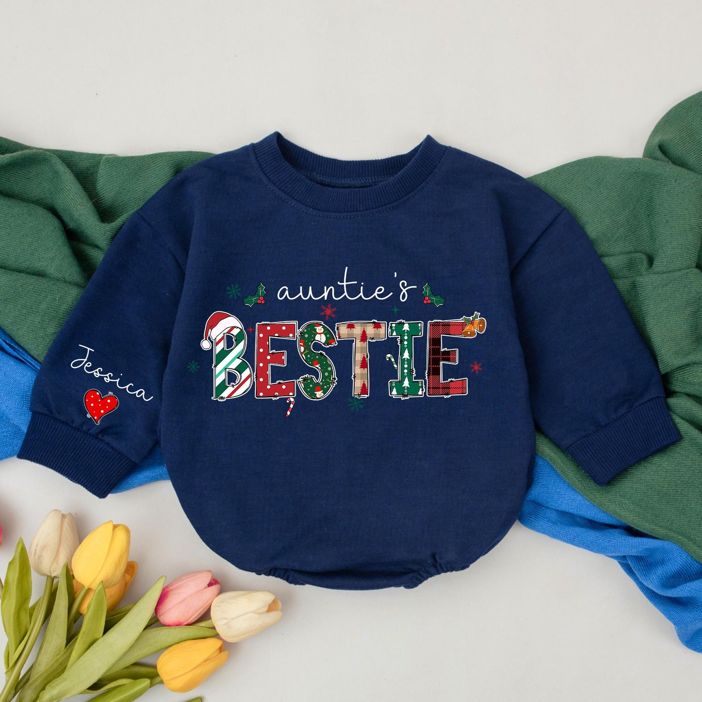 Personalized Auntie's Bestie 1st Christmas Romper, Jessica's Sleeve, Retro Holiday Outfit, Newborn Bubble Romper, Unique Aunt Gift, Baby Girl Boy 139