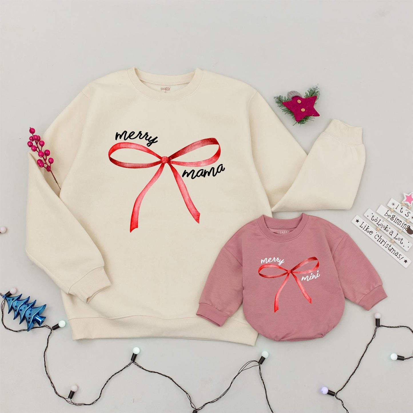Merry Mama & Mini Sweatshirts: Coquette Christmas Matching Family Shirts with Red Bow Detail, Trendy Holiday Outfit, Xmas Crew, Mommy & Me, Cute Festive Style