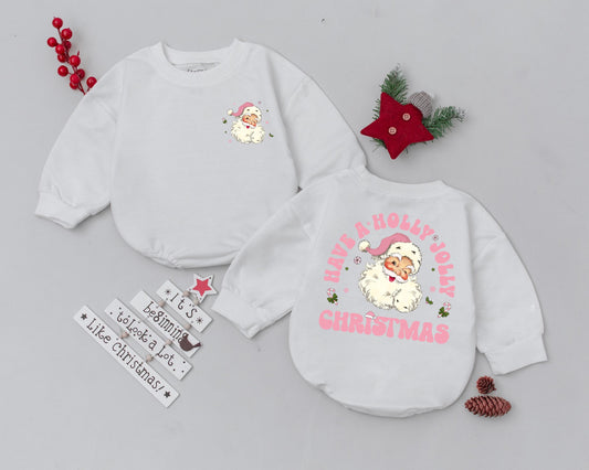 Holly Jolly Christmas Romper Baby Girl, Retro Santa First Christmas Outfit, Pink and Green Newborn Bodysuit Vintage Holiday Gift 134 chars