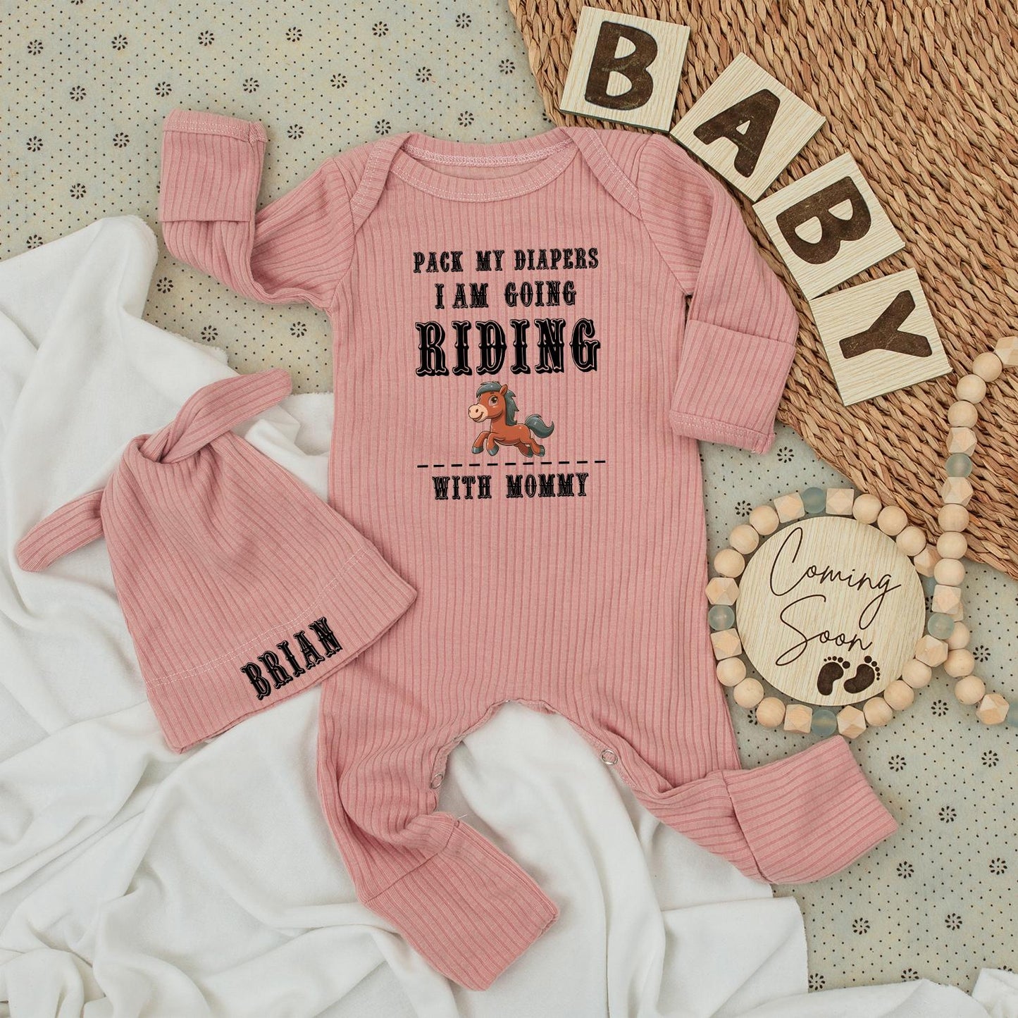 Pack My Diapers Horseback Riding Baby Bodysuit Set, Funny Equestrian Outfit for Mommy's Little Rider, Unique Newborn Gift with Brian Hat (138 chars)