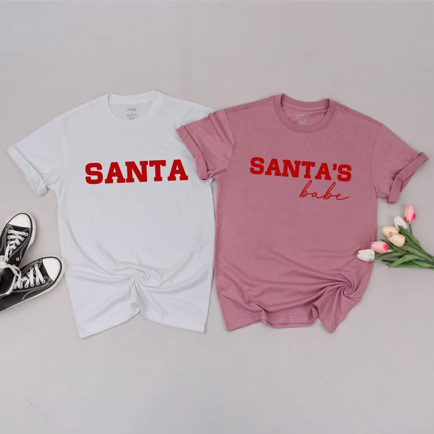 Christmas Couple Matching Sweatshirts "SANTA" & "SANTA'S BABE" Red Text Holiday Outfits His & Hers Festive Sweaters for Couples