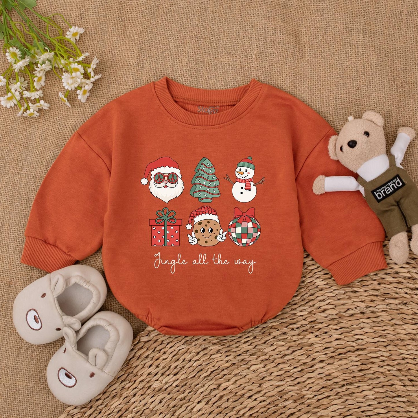 Jingle All The Way Playful Christmas Baby Romper with Retro Santa Cookie Tree Design First Xmas Infant Bodysuit Shower Gift