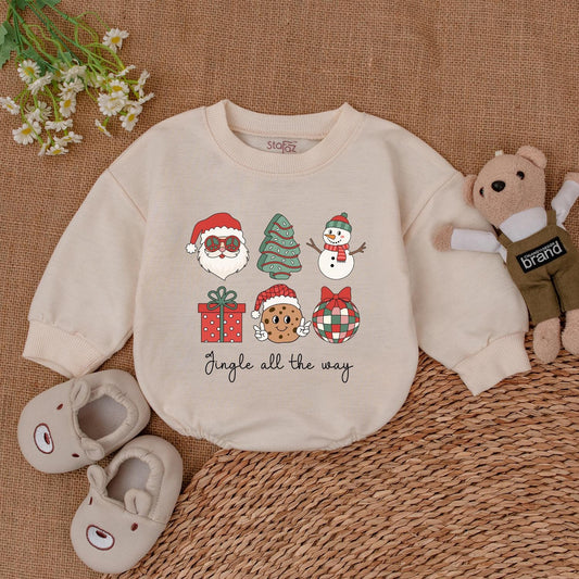 Jingle All The Way Playful Christmas Baby Romper with Retro Santa Cookie Tree Design First Xmas Infant Bodysuit Shower Gift
