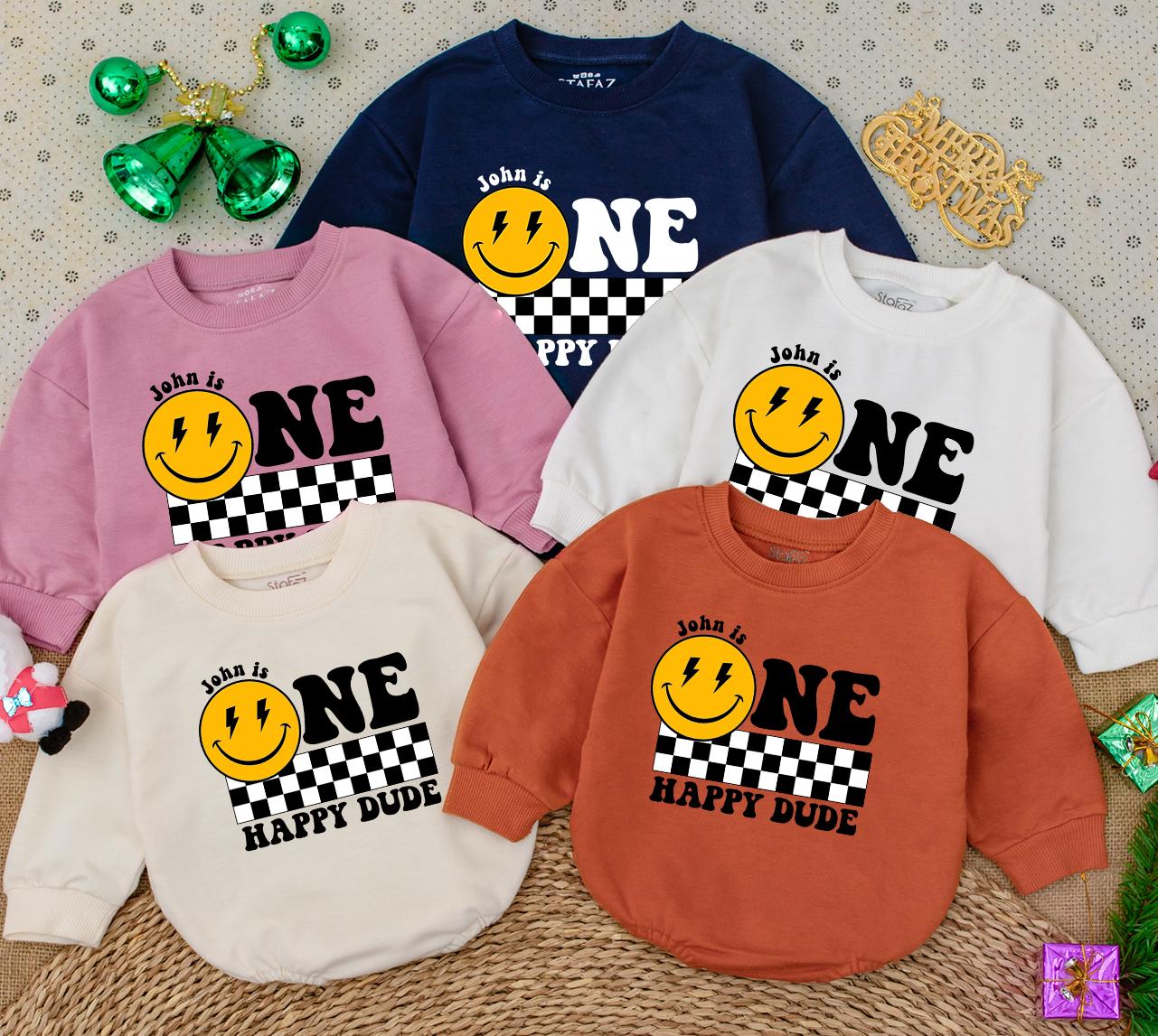 Personalized One Happy Dude Birthday Bodysuit, Smiley Face First Birthday Outfit, Custom Name Baby Boy Clothes, Retro Celebration Romper, Newborn Gift 138
