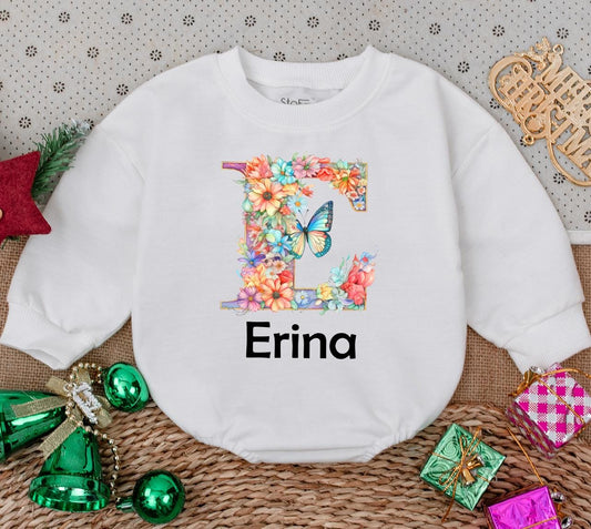Personalized Baby Girl Romper Floral Letter E Erina Name Newborn Bodysuit Baby Shower Gift Whimsical Watercolor Flowers Butterfly Print First Birthday Outfit