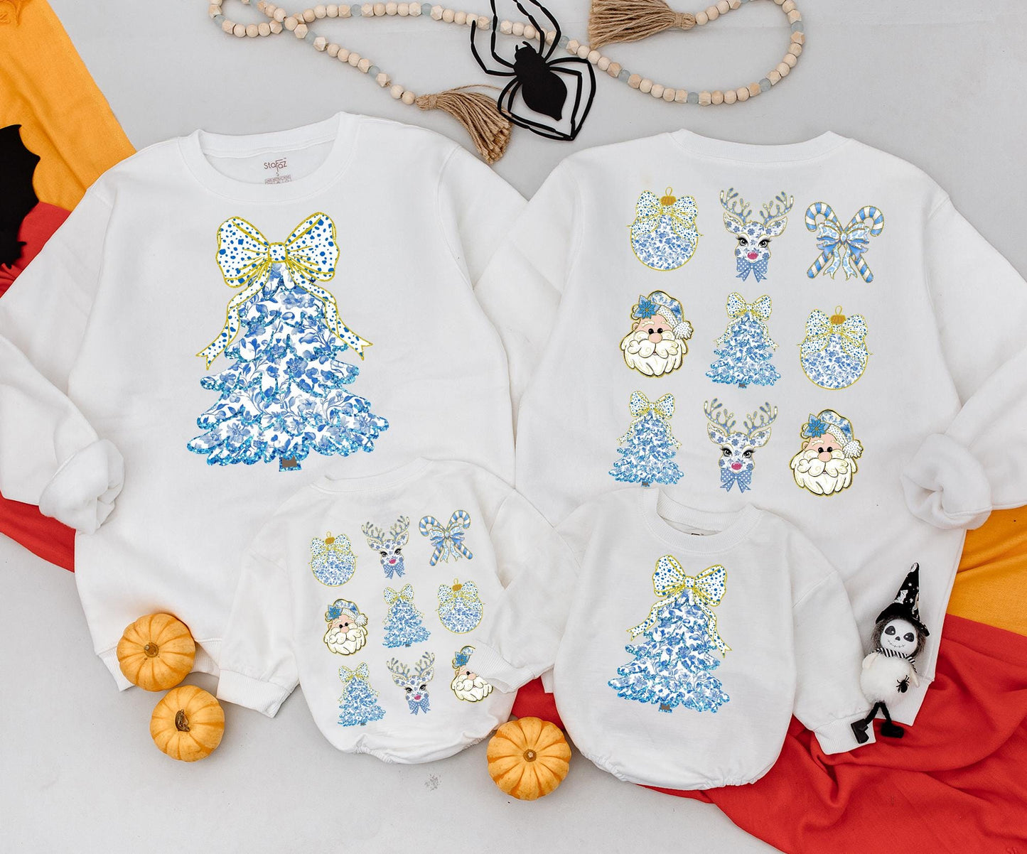 Vintage Christmas Tree Sweatshirt: Blue Floral Bow Festive Top, Baby Romper & Kids Outfit, Cute Xmas Newborn Clothes, Retro Holiday Style,Coquette Sweatshirt