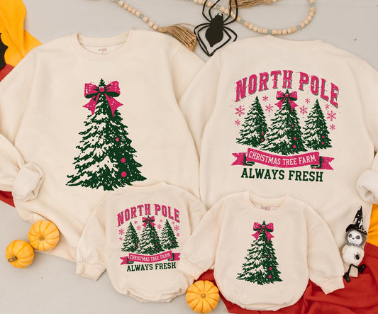 North Pole Christmas Tree Farm Sweatshirt Cozy Green Red Bow Festive Vintage Baby Toddler Gift