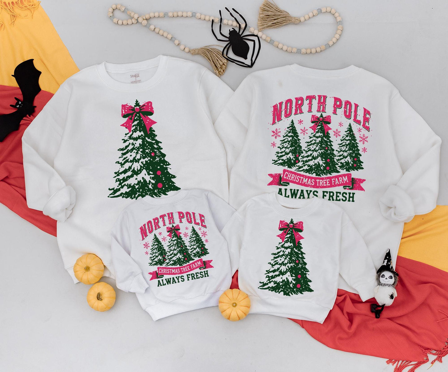 North Pole Christmas Tree Farm Sweatshirt Cozy Green Red Bow Festive Vintage Baby Toddler Gift