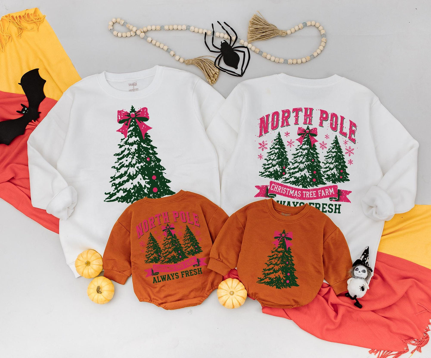 North Pole Christmas Tree Farm Sweatshirt Cozy Green Red Bow Festive Vintage Baby Toddler Gift