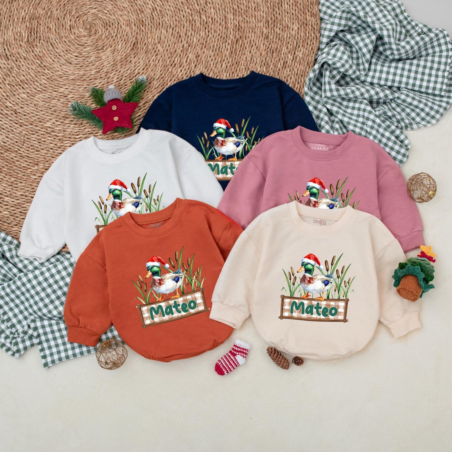 Personalized Christmas Mallard Duck Romper Baby Boy Outfit, Mateo Banner, Hunting Holiday Bodysuit, Christmas Baby Clothes Duck Lover Gift (139)