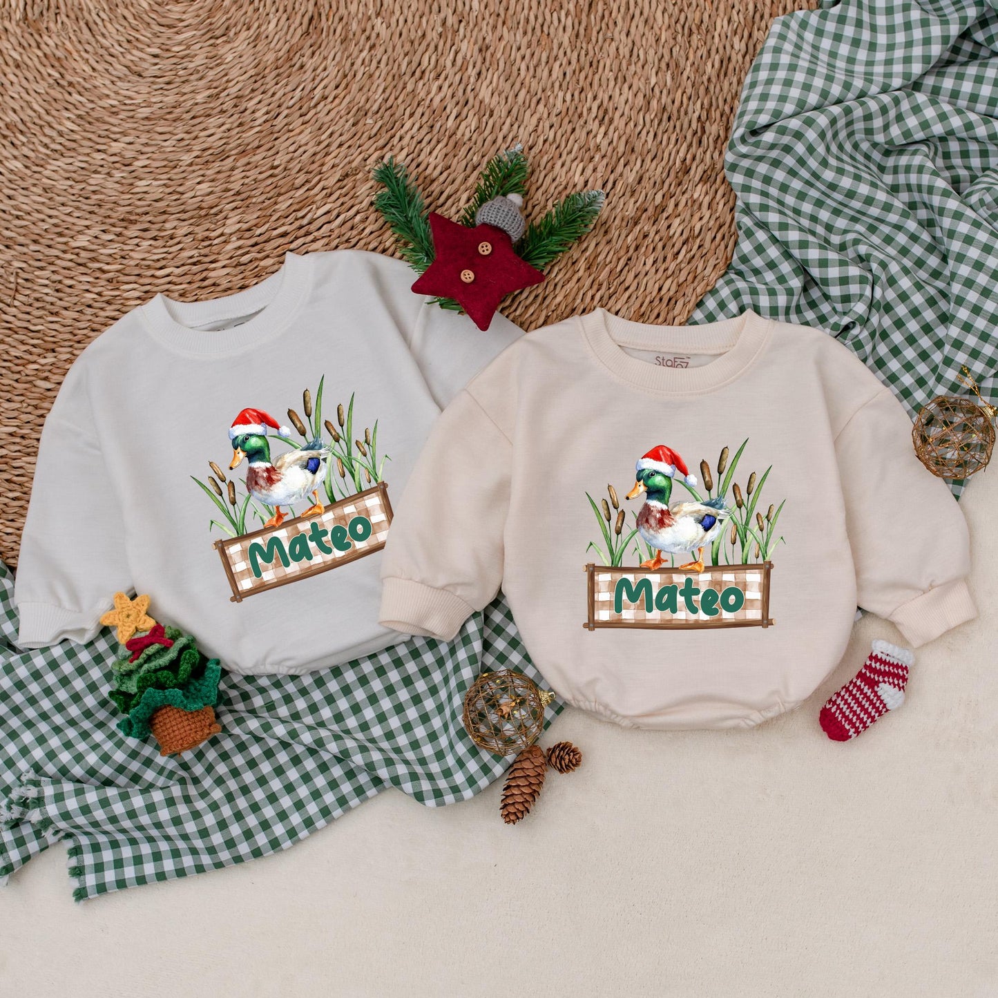 Personalized Christmas Mallard Duck Romper Baby Boy Outfit, Mateo Banner, Hunting Holiday Bodysuit, Christmas Baby Clothes Duck Lover Gift (139)