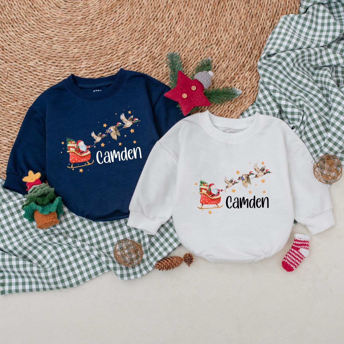 Christmas Sleigh Mallard Duck Romper, Santa Claus Baby Bodysuit, Personalized Camden Boys Outfit, Whimsical Holiday Winter Clothes Gift, Newborn 139