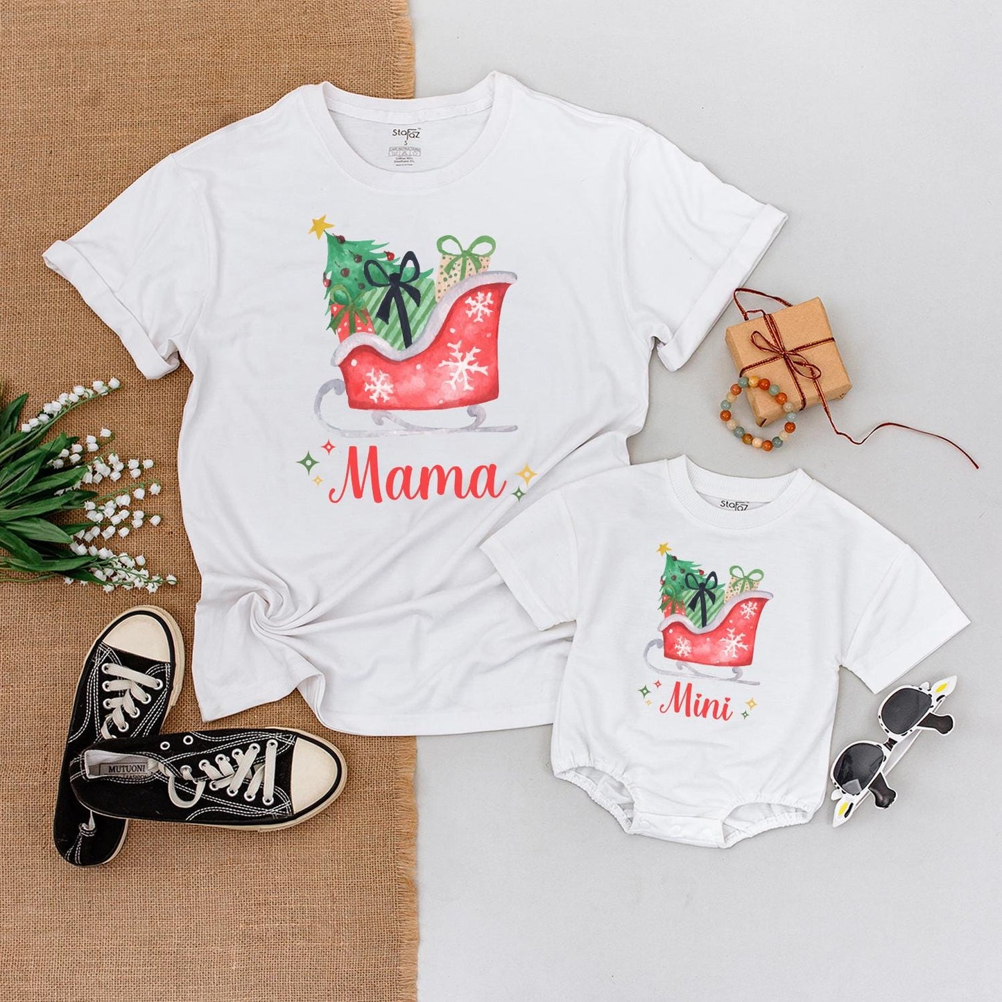 Whimsical Santa Sleigh Family Matching Shirts Mama Daddy Sister Mini Christmas Holiday Tees