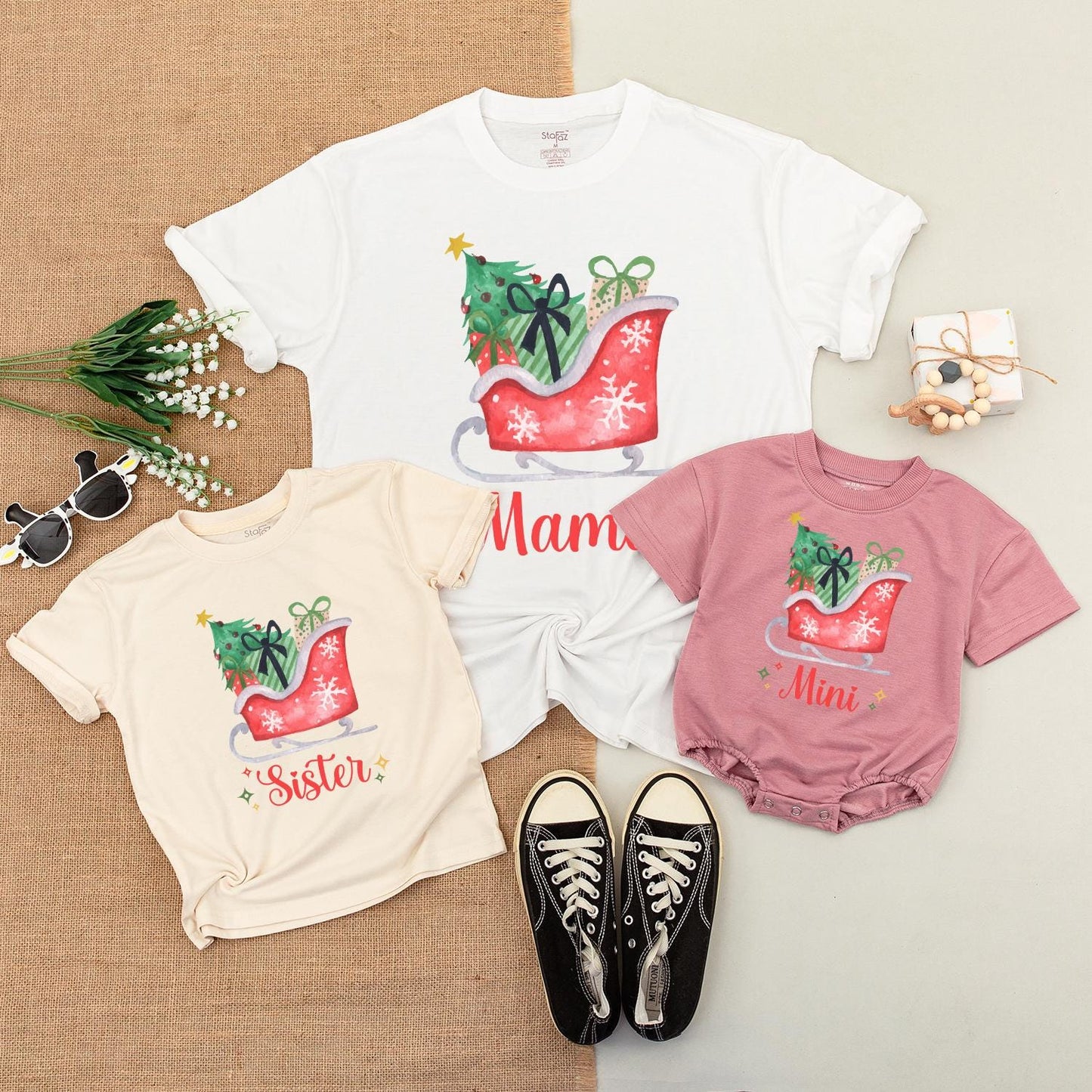 Whimsical Santa Sleigh Family Matching Shirts Mama Daddy Sister Mini Christmas Holiday Tees