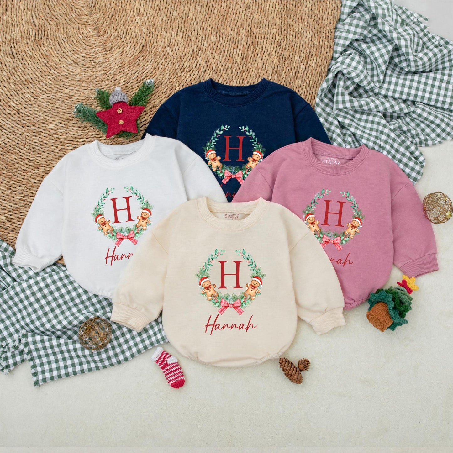 Custom Christmas Cookie Romper for Girls Personalized Hannah Red Berry Pine Wreath Baby Christmas Outfit Bubble